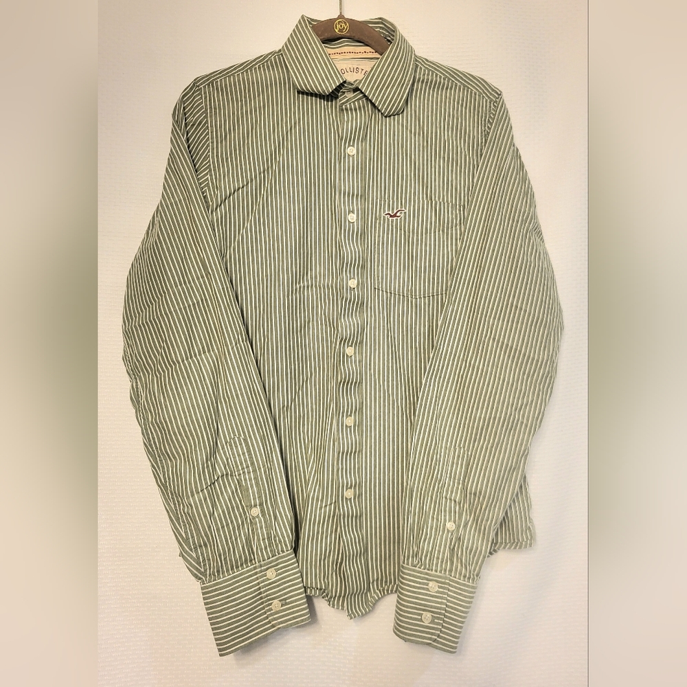 Hollister Size Medium Green Striped Long Sleeve Shirt Casual Button Down